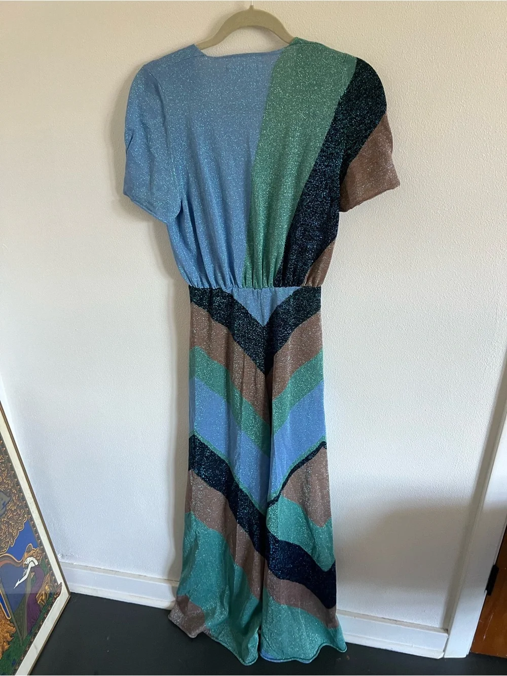 Circus Hotel Chevron Stripe V-Neck Jumpsuit in Blue and Teal, size 38